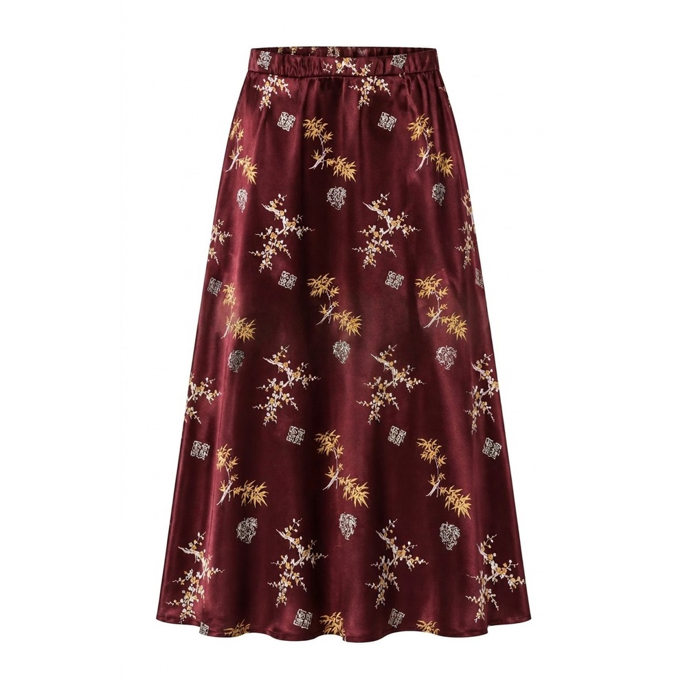 Vtg A Byer Satin Midi Skirt 3 Burgundy Embroidered Asian Y2K Whimsigoth Oriental